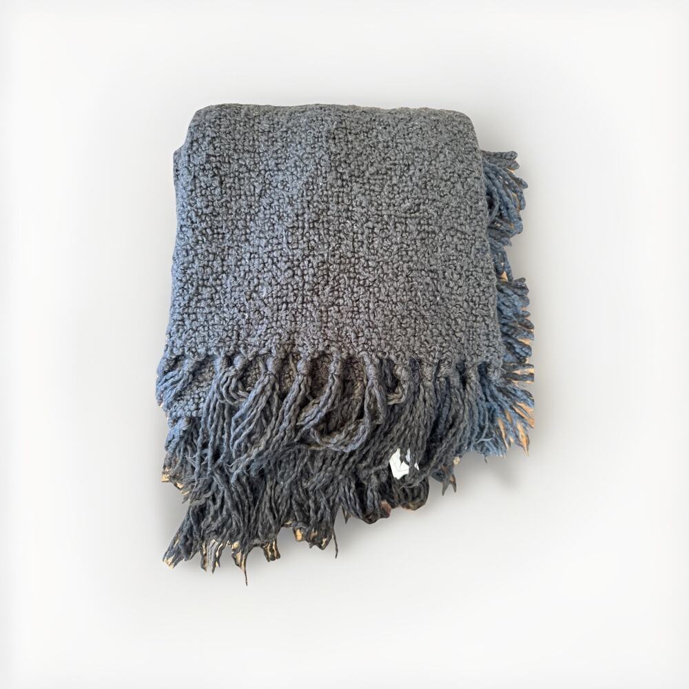 Pottery‎ Barn Gray Thick Fringed Textured Throw Blanket 50 x 60